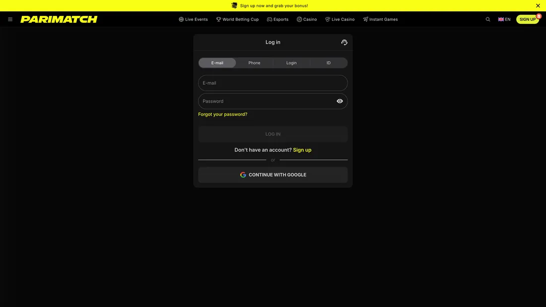 Pantalla de inicio de sesión de Parimatch con las opciones de e-mail, teléfono, login e ID — captura ilustrativa; este sitio es informativo y no es el operador Pantalla de inicio de sesión de Parimatch con las opciones de e-mail, teléfono, login e ID